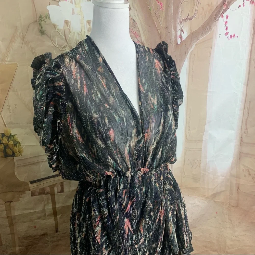 NEW IRO Gargas Wrap-effect Ruffled Printed lurex Sheer MIDI Dress - Picture 6 of 15